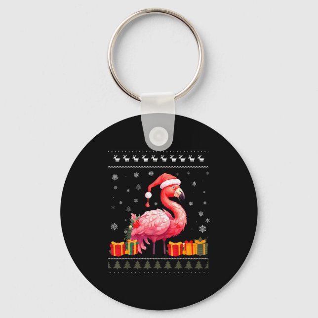 Flamingo Christmas Santa Hat Ugly Christmas Sweate Key Ring (Front)