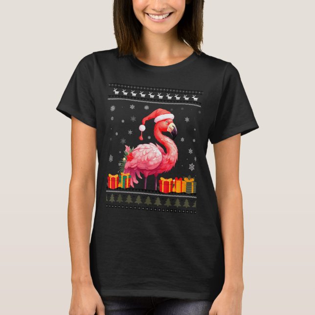 Flamingo Christmas Santa Hat Ugly Christmas Sweate T-Shirt (Front)