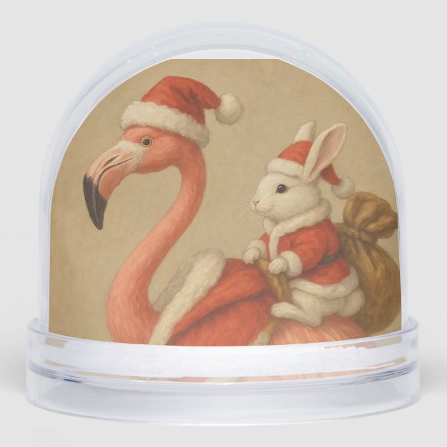 flamingo christmas snowglobe in sansta hat (Front)