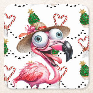 Flamingo Christmas Themed Square Paper Coaster