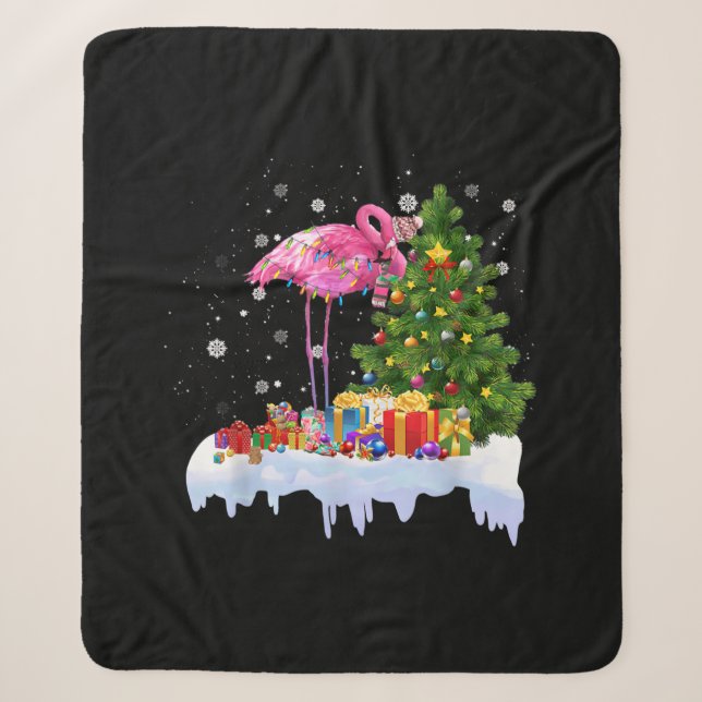 Flamingo Christmas Tree Lights Sherpa Blanket (Front)