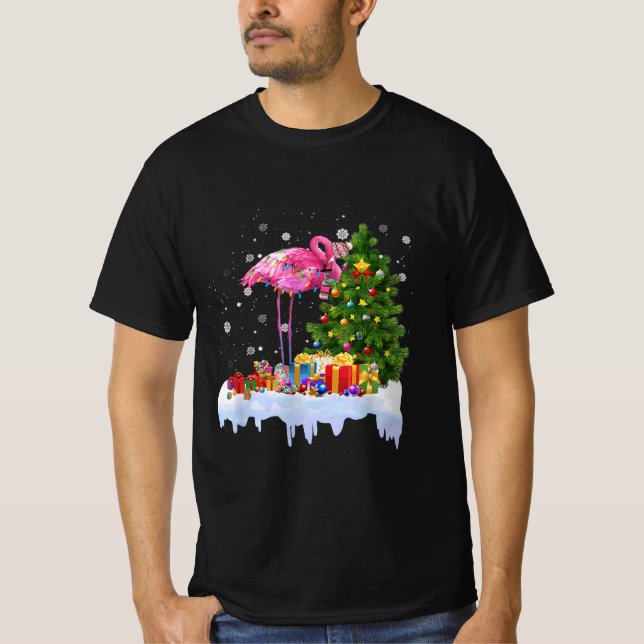 Flamingo Christmas Tree Lights T-Shirt (Front)