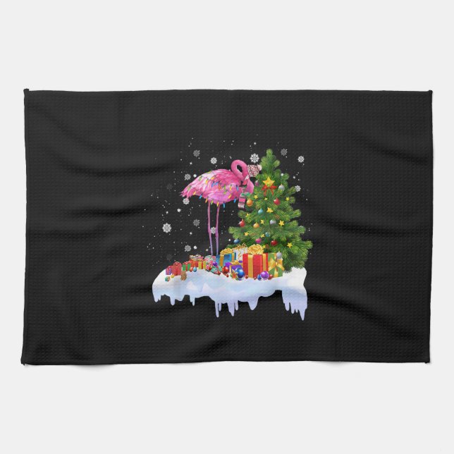 Flamingo Christmas Tree Lights Tea Towel (Horizontal)