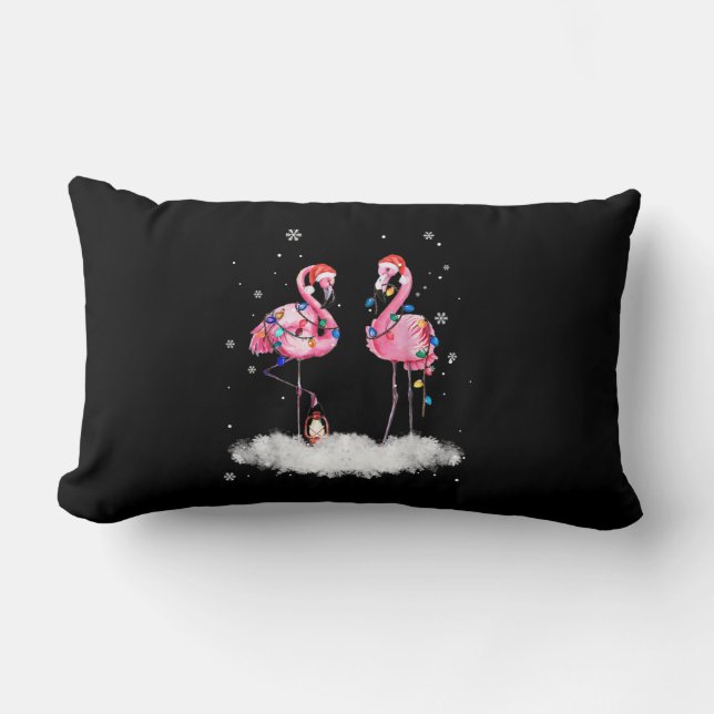 Flamingo Christmas Tree Santa Hat Light Lumbar Cushion (Front)