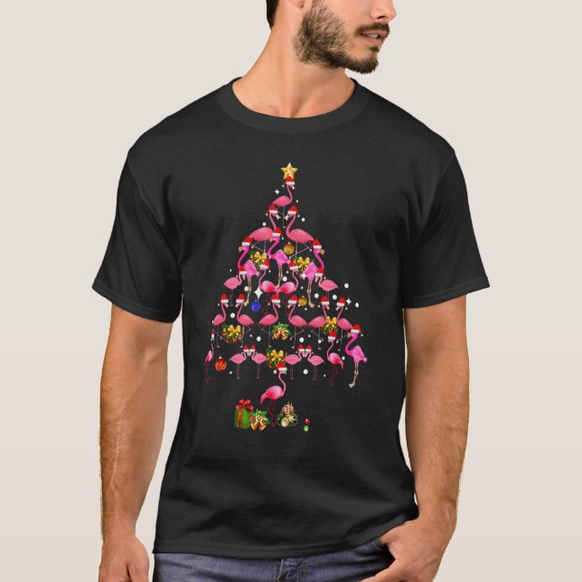 Flamingo Christmas Tree Santa Hat Xmas Light Merry T-Shirt (Front)