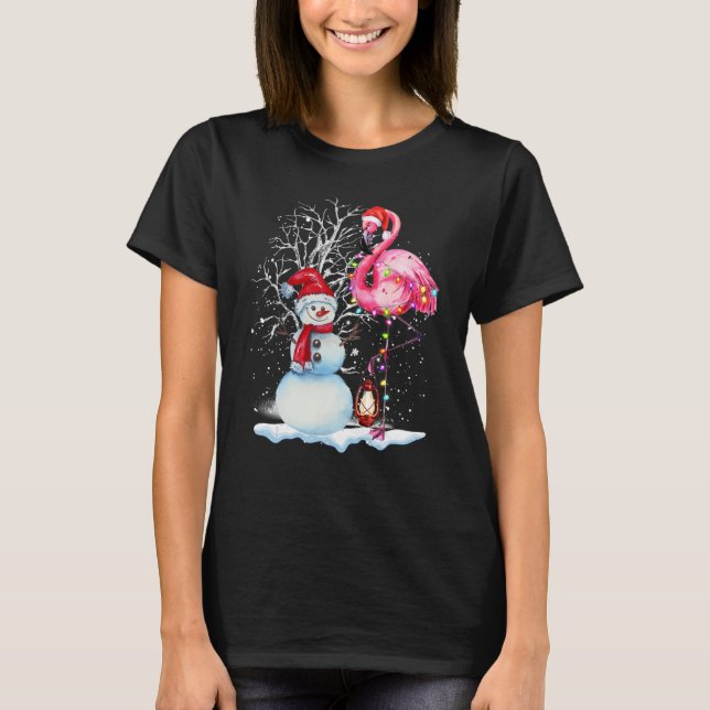Flamingo Christmas Tree Snowman Santa Hat Flamingo T-Shirt (Front)