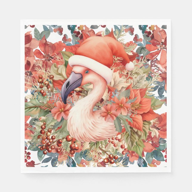 Flamingo Christmas with Santa Hat and Poinsettia  Napkin (Front)