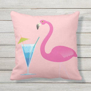 Flamingo & Cocktail on Coral Outdoor Pillow