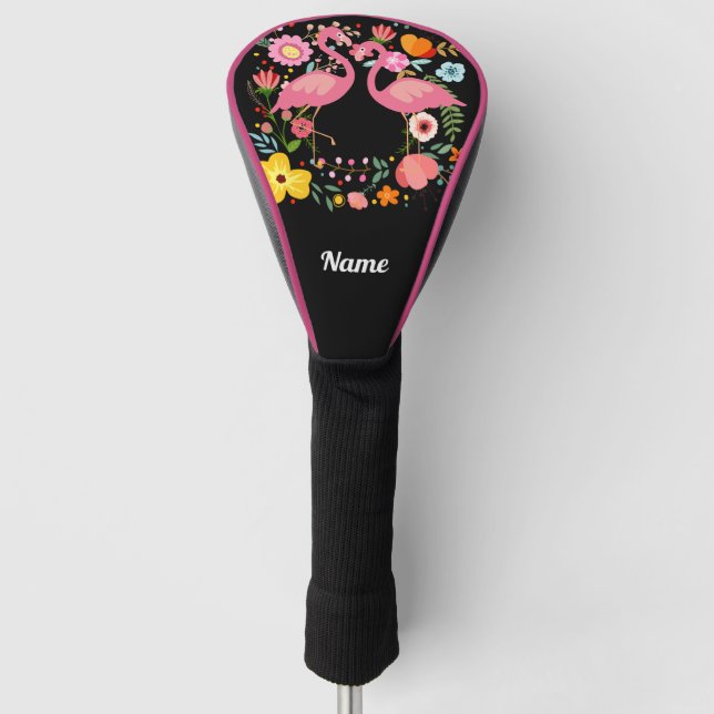 Flamingo couple stand on flower with name  golf head cover (Front)