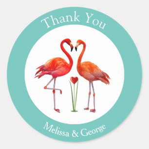 Flamingo Couple Thank You on Light Blue & White Classic Round Sticker
