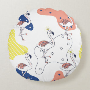Flamingo Crown: Abstract Vintage Seamless. Round Cushion