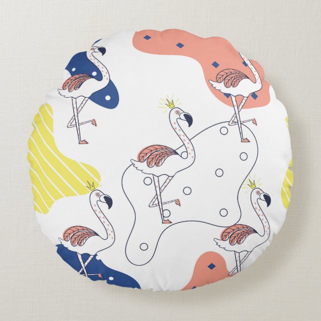 Flamingo Crown: Abstract Vintage Seamless. Round Cushion (Front)