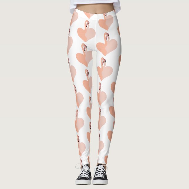 Flamingo Custom Leggings, Pink Flamingos Heart Leggings (Front)
