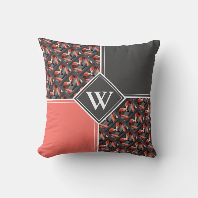 FLAMINGO Custom Monogram Grey Coral Cushion (Front)
