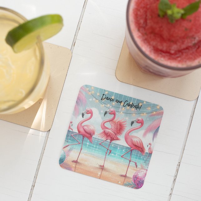 Flamingo Dance and Birthday Celebration Party Square Paper Coaster (Creator Uploaded)