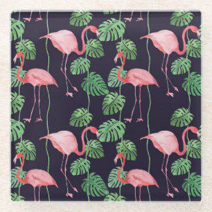 Flamingo Dark: Small Watercolor Pattern. Glass Coaster
