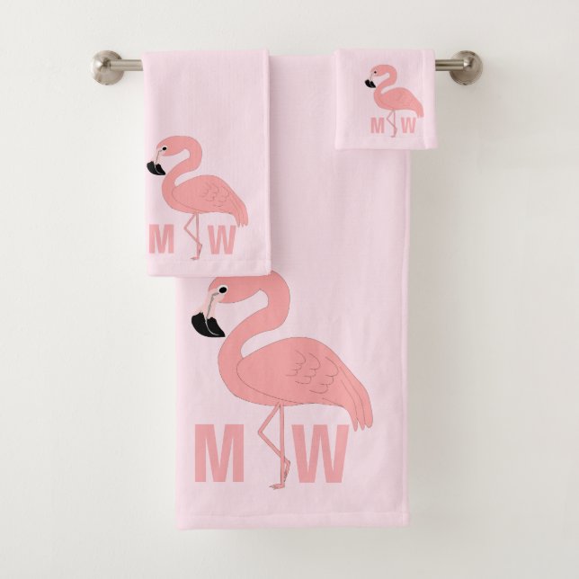 Flamingo Design Monogrammed Pink Bath Towel Set (Insitu)