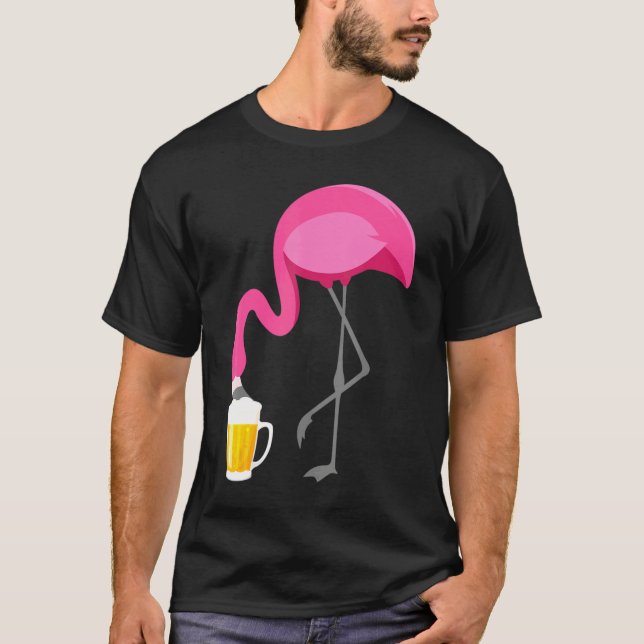 Flamingo Drinking Beer Funny Pink Flamingo T-Shirt (Front)