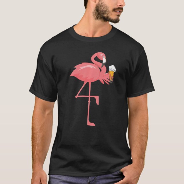 Flamingo Drinking Beer  Pink Flamingo T-Shirt (Front)