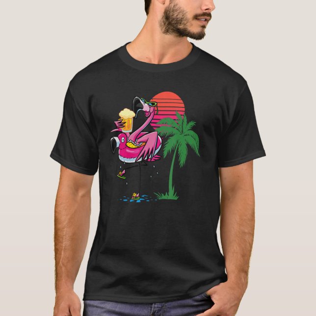 Flamingo Drinking Beer Summer Beach Party T-Shirt (Front)