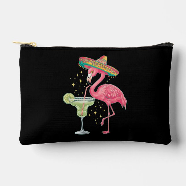 Flamingo Drinking Margarita Funny Mexican Poncho Accessory Pouch (Front)