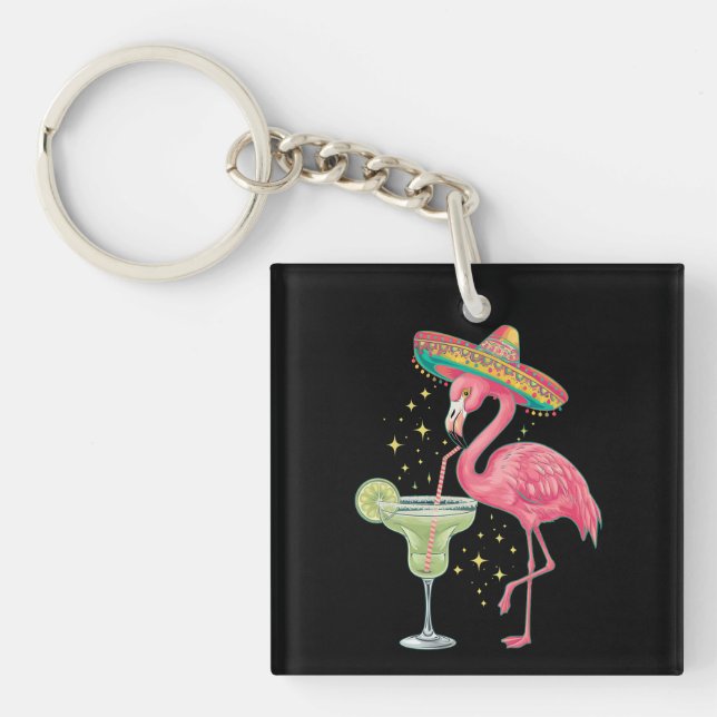 Flamingo Drinking Margarita Funny Mexican Poncho Key Ring (Front)