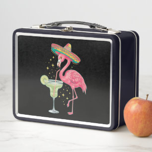 Flamingo Drinking Margarita Funny Mexican Poncho Metal Lunch Box