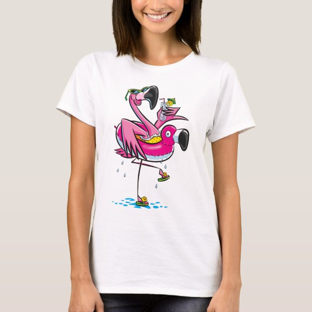 Flamingo Drinks Wine Funny Summer Holiday Tropical T-Shirt (Front)