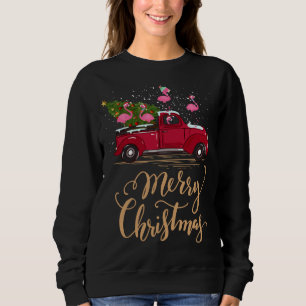 Flamingo Driving Christmas Tree Red Truck Flamingo Sweatshirt
