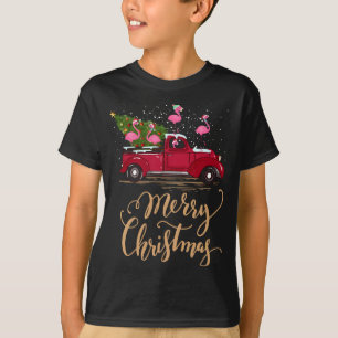 Flamingo Driving Christmas Tree Red Truck Flamingo T-Shirt