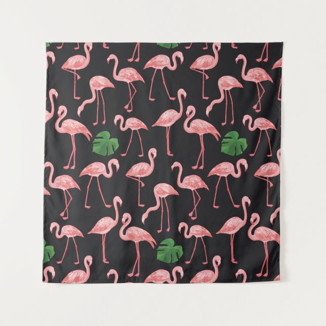 Flamingo Elegance: Vintage Monstera Fusion. Tapestry (Front)