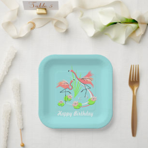 Flamingo Fandango Duo Happy Birthday square Paper Plate