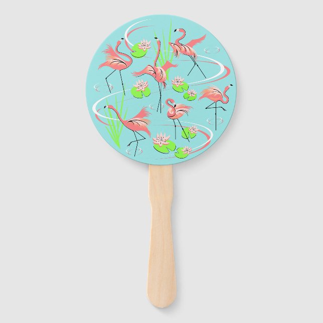 Flamingo Fandango Text Back hand fan round (Front)