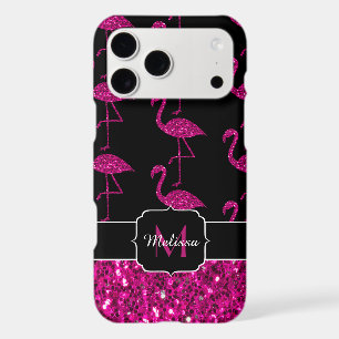Flamingo faux sparkles pattern black Monogram