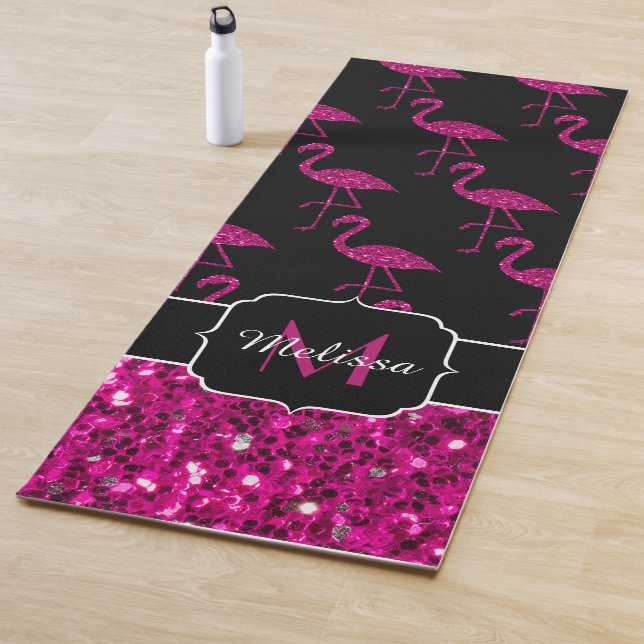 Flamingo faux sparkles pattern black Monogram Yoga Mat (In Situ)