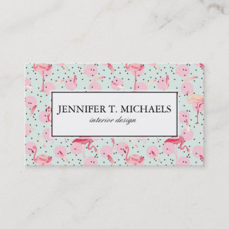 Flamingo Feathers On Polka Dots | Add Your Name Business Card