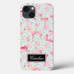 Flamingo Feathers On Polka Dots   Add Your Name iPhone 13 Case