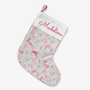 Flamingo Feathers On Polka Dots   Add Your Name Small Christmas Stocking