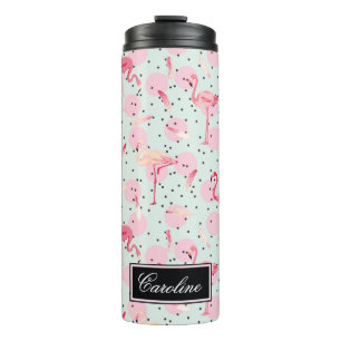Flamingo Feathers On Polka Dots Add Your Name Thermal Tumbler