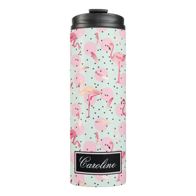 Flamingo Feathers On Polka Dots | Add Your Name Thermal Tumbler (Front)