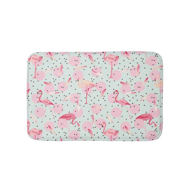 Flamingo Feathers On Polka Dots Bath Mat (Front)