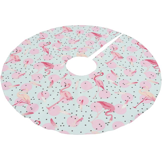 Flamingo Feathers On Polka Dots Brushed Polyester Tree Skirt (Angled)