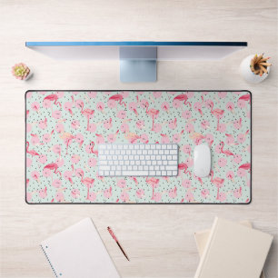 Flamingo Feathers On Polka Dots Desk Mat