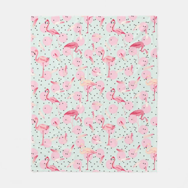 Flamingo Feathers On Polka Dots Fleece Blanket (Front)