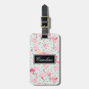 Flamingo Feathers On Polka Dots Luggage Tag