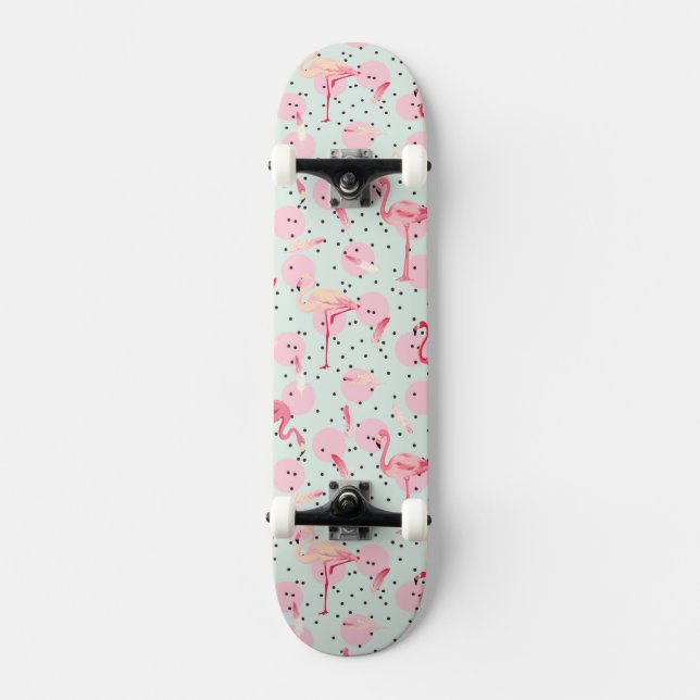 Flamingo Feathers On Polka Dots Skateboard (Front)