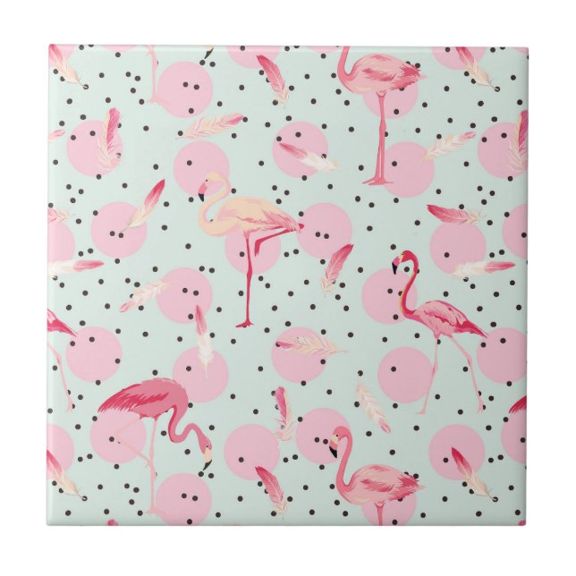 Flamingo Feathers On Polka Dots Tile (Front)