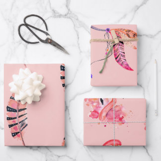 Flamingo & feathers wrapping paper set of 3