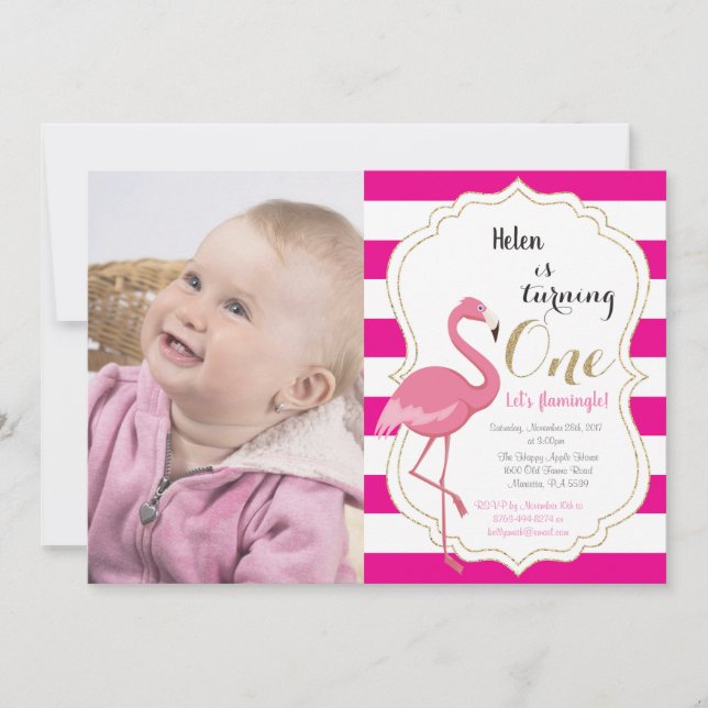 Flamingo First Birthday Invitation Girl (Front)