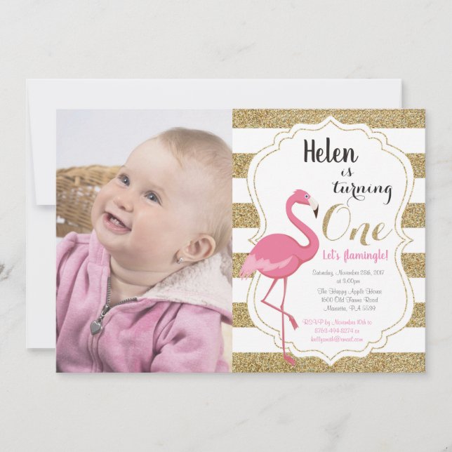 Flamingo First Birthday Invitation Girl (Front)